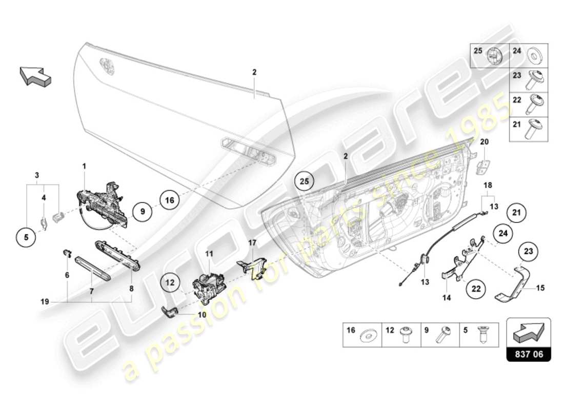 lamborghini tecnica (2024) maniglia della porta, interna diagramma delle parti