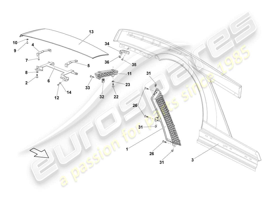 lamborghini lp550-2 coupe (2014) diagramma delle parti dell'ala posteriore