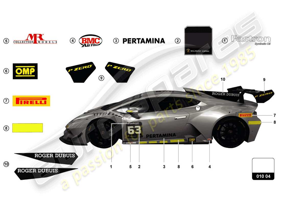 lamborghini super trofeo evo (2018) adesivi schema delle parti