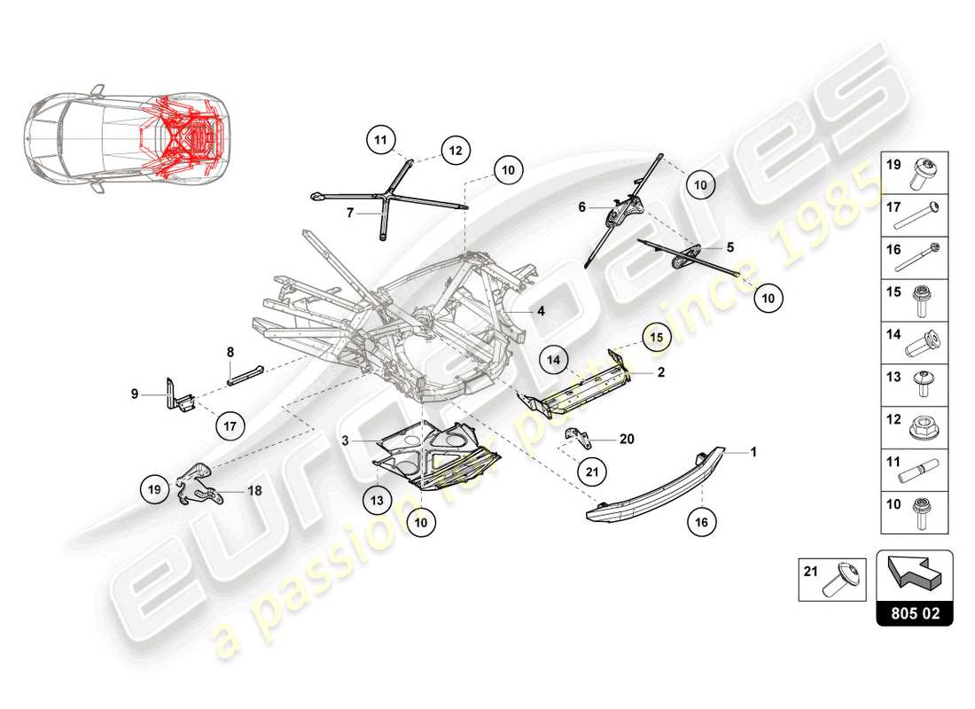 lamborghini 2021 (evo coupe) schema delle parti esterne del telaio posteriore