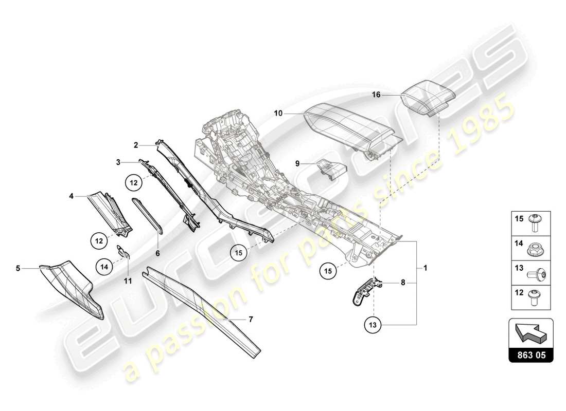 lamborghini tecnica (2024) rivestimento del tunnel diagramma delle parti