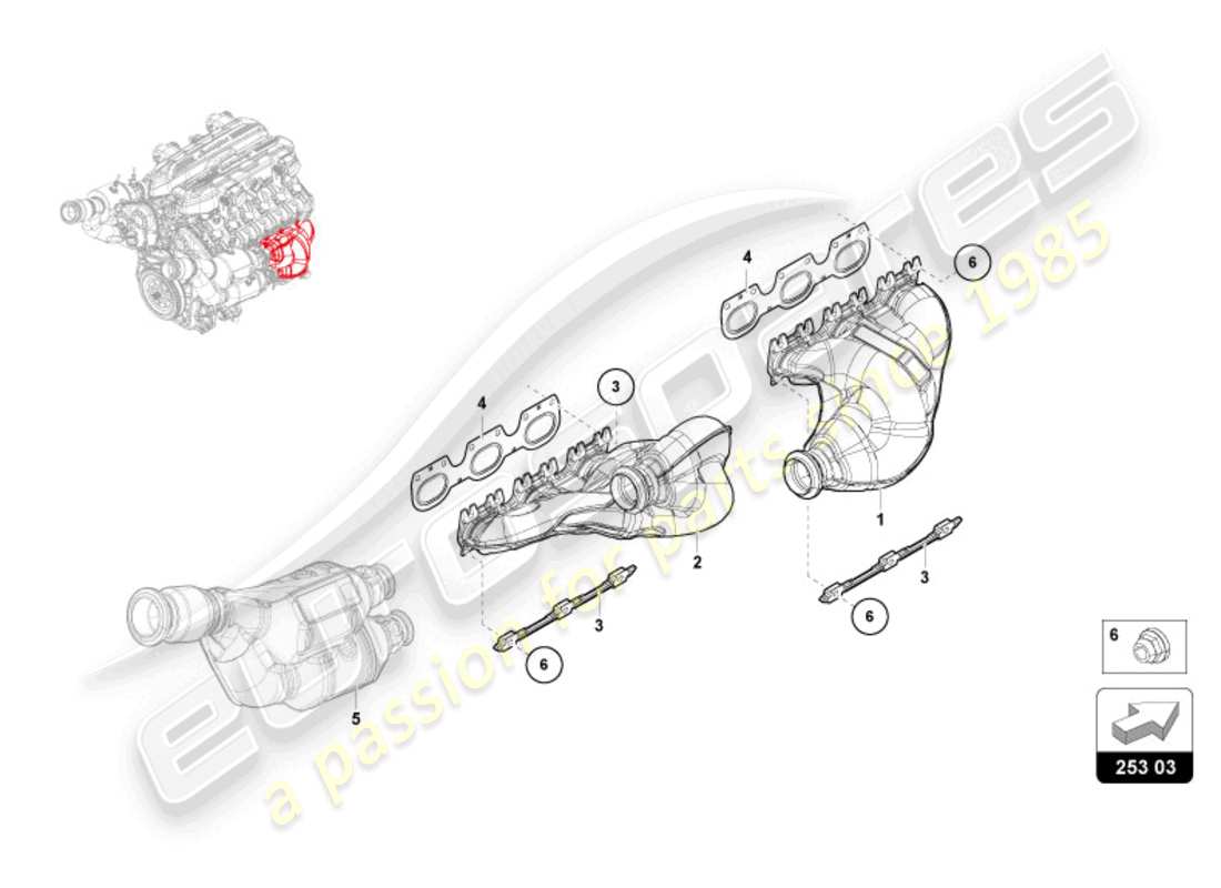 lamborghini revuelto coupe (2024) impianto di scarico diagramma delle parti