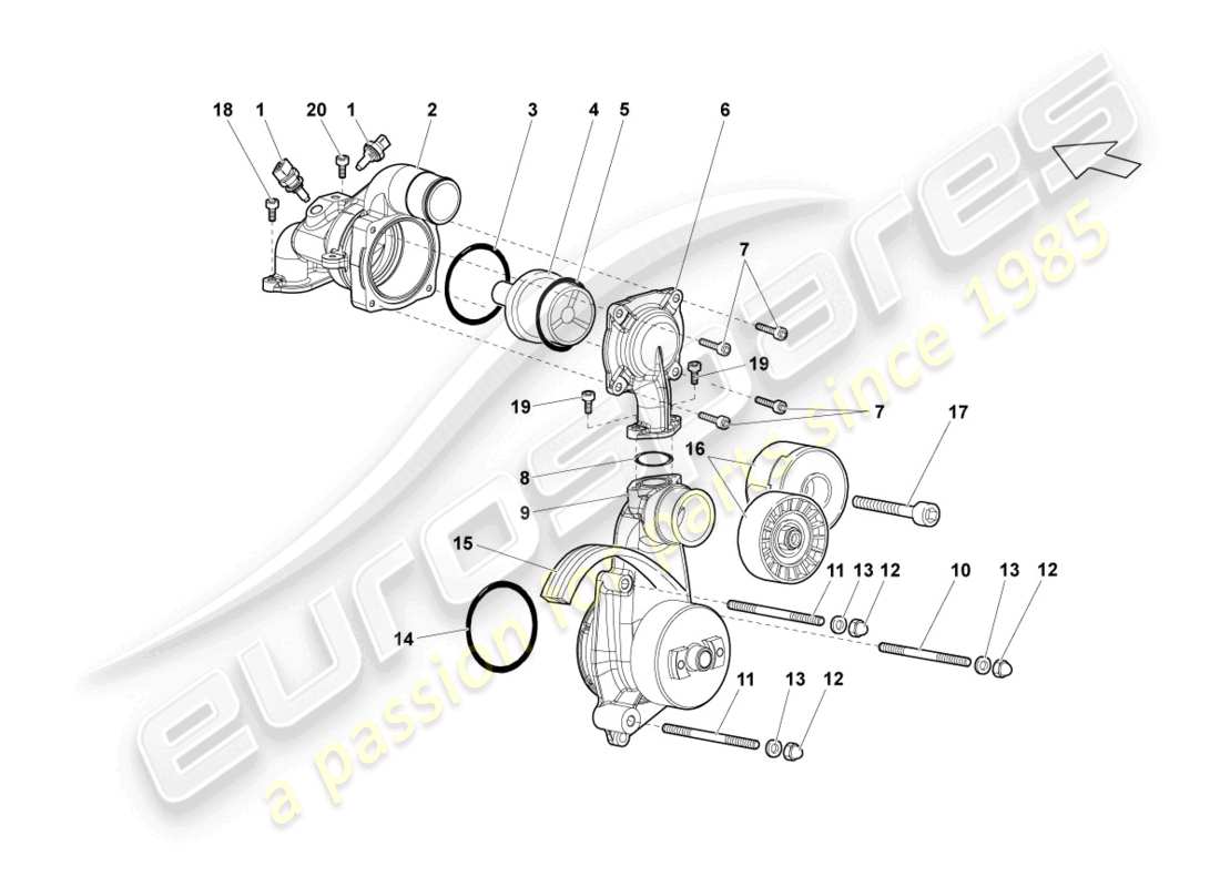 lamborghini lp640 coupe (2010) schema delle parti della pompa del liquido di raffreddamento