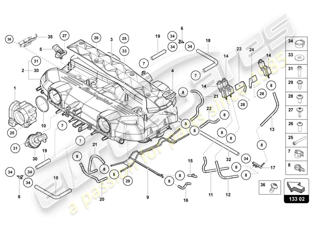 lamborghini countach lpi 800-4 (2022) collettore di aspirazione diagramma delle parti