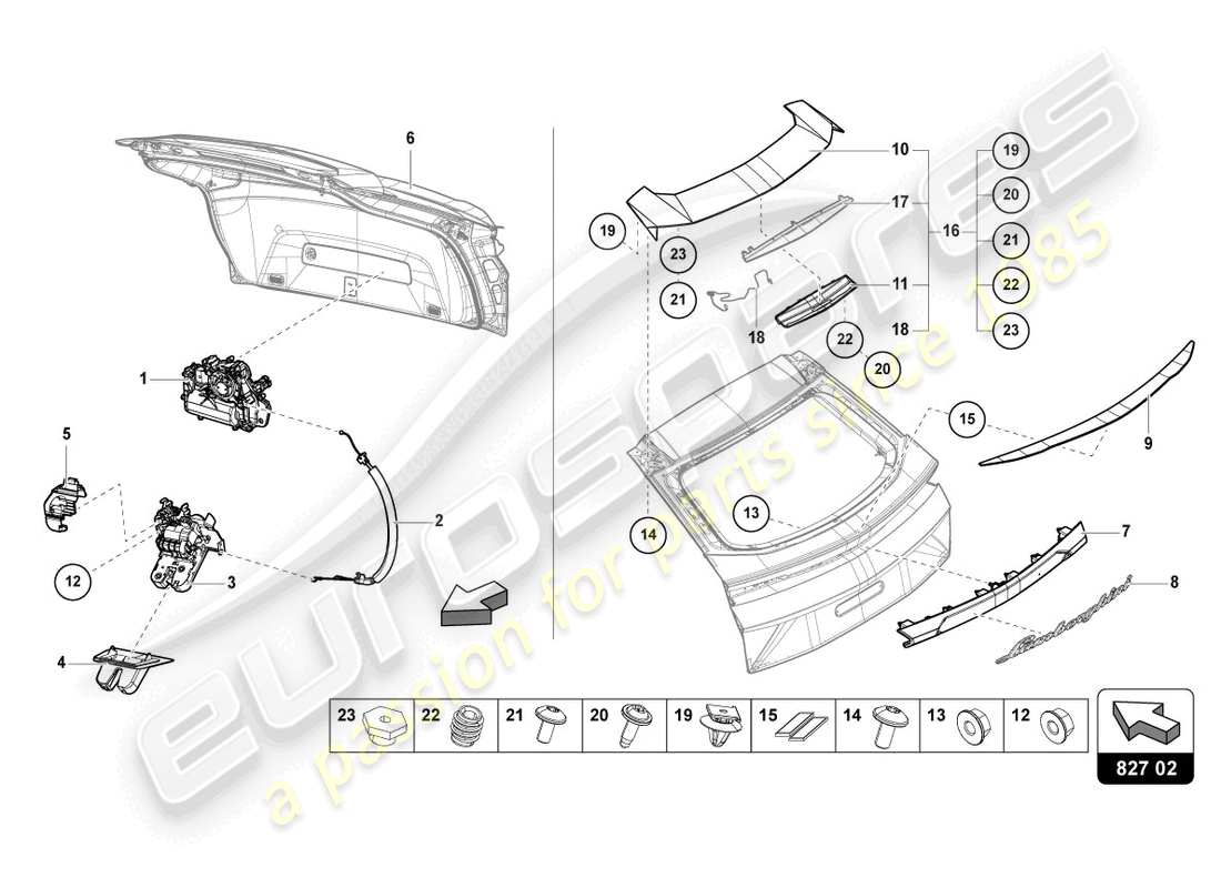 lamborghini urus s (2024) coperchio posteriore posteriore diagramma delle parti