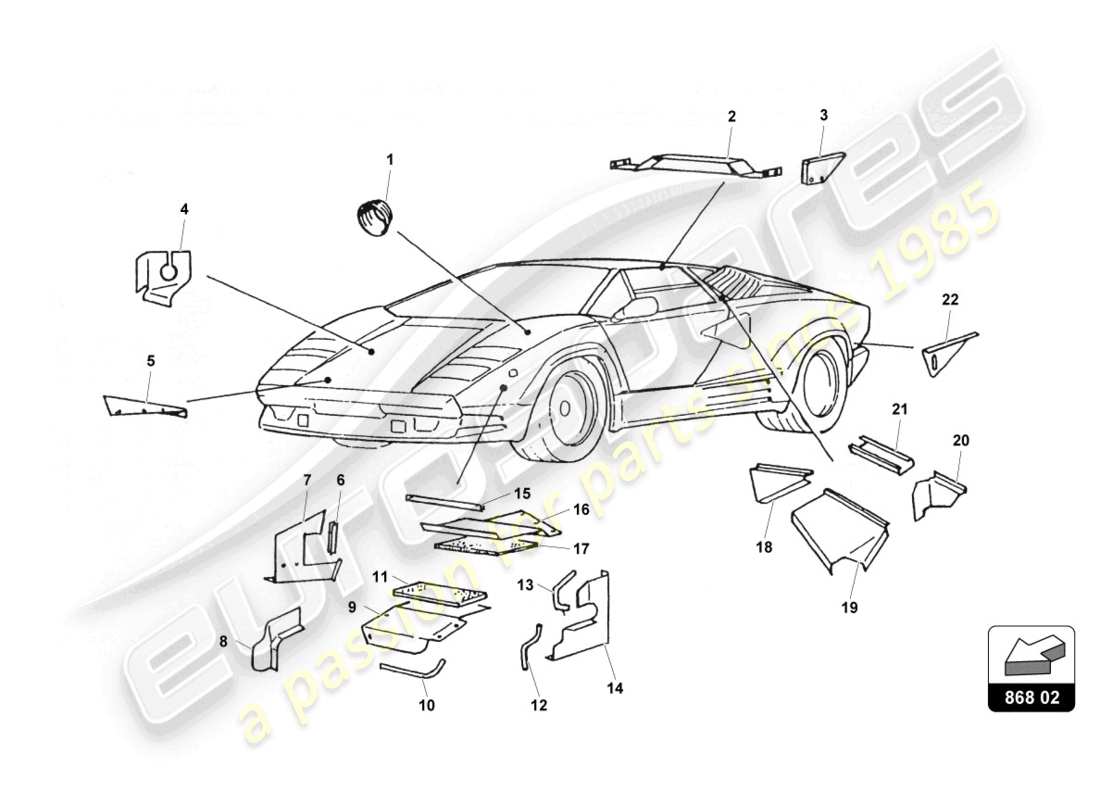 lamborghini countach 25th anniversary (1989) supporti e protezioni schema delle parti