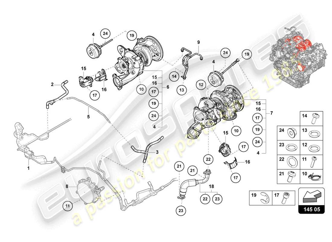 lamborghini urus performante (2023) turbocompressore gas di scarico diagramma delle parti