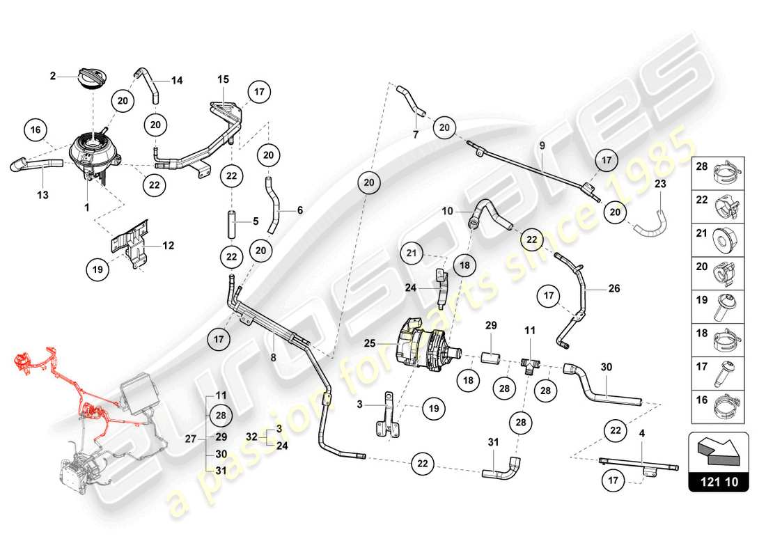 lamborghini countach lpi 800-4 (2022) sistema di raffreddamento diagramma delle parti