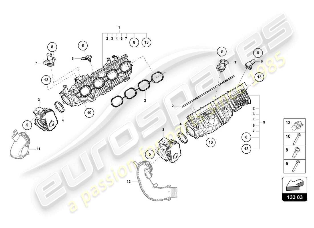 lamborghini urus performante (2023) collettore di aspirazione diagramma delle parti