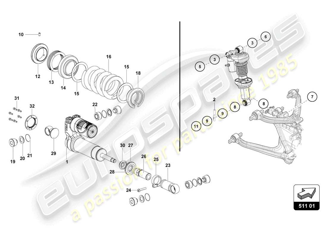 lamborghini super trofeo evo (2018) diagramma delle parti della sospensione posteriore