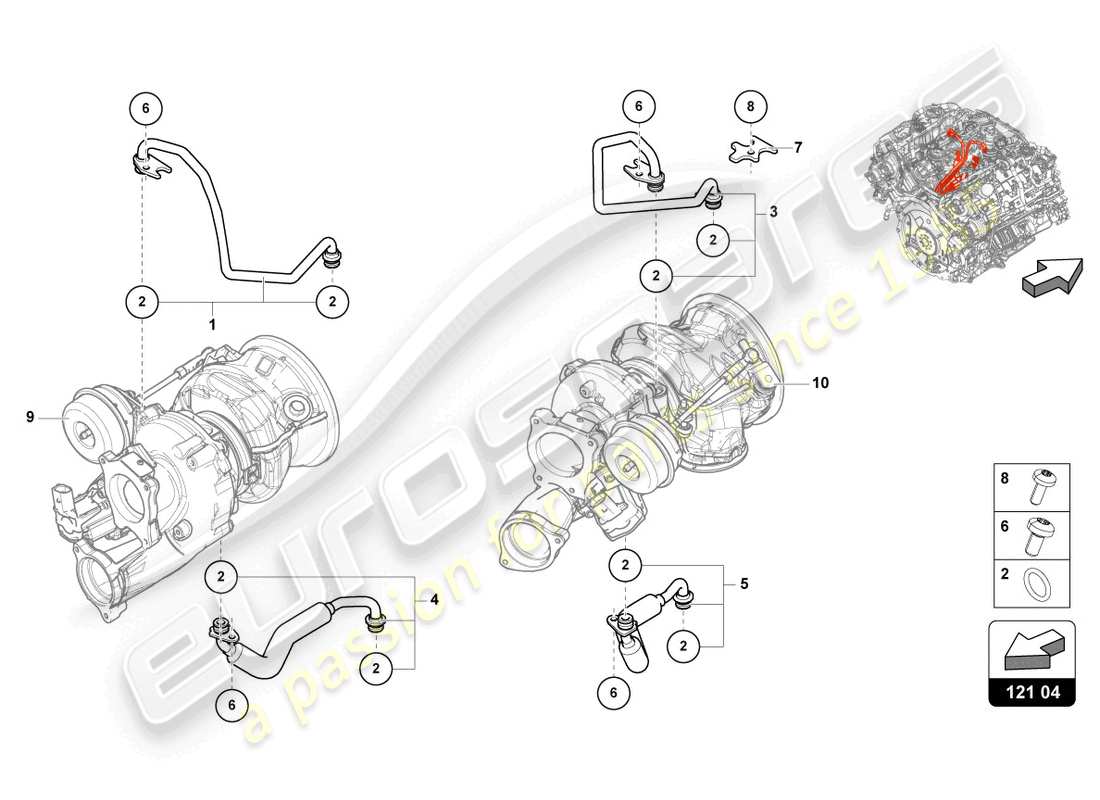 lamborghini urus performante (2023) sistema di raffreddamento liquido per turbocompressore 4.0 ltr. diagramma delle parti