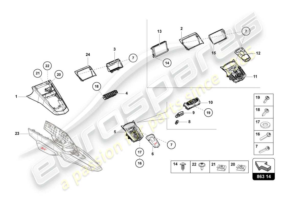 lamborghini lp770-4 svj coupe (2022) schema delle parti della console centrale