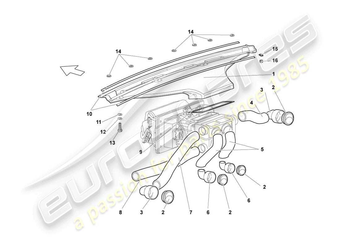 lamborghini lp640 roadster (2010) condotti del riscaldatore dell'aria e del pozzetto, tubi dell'aria e prese d'aria schema delle parti