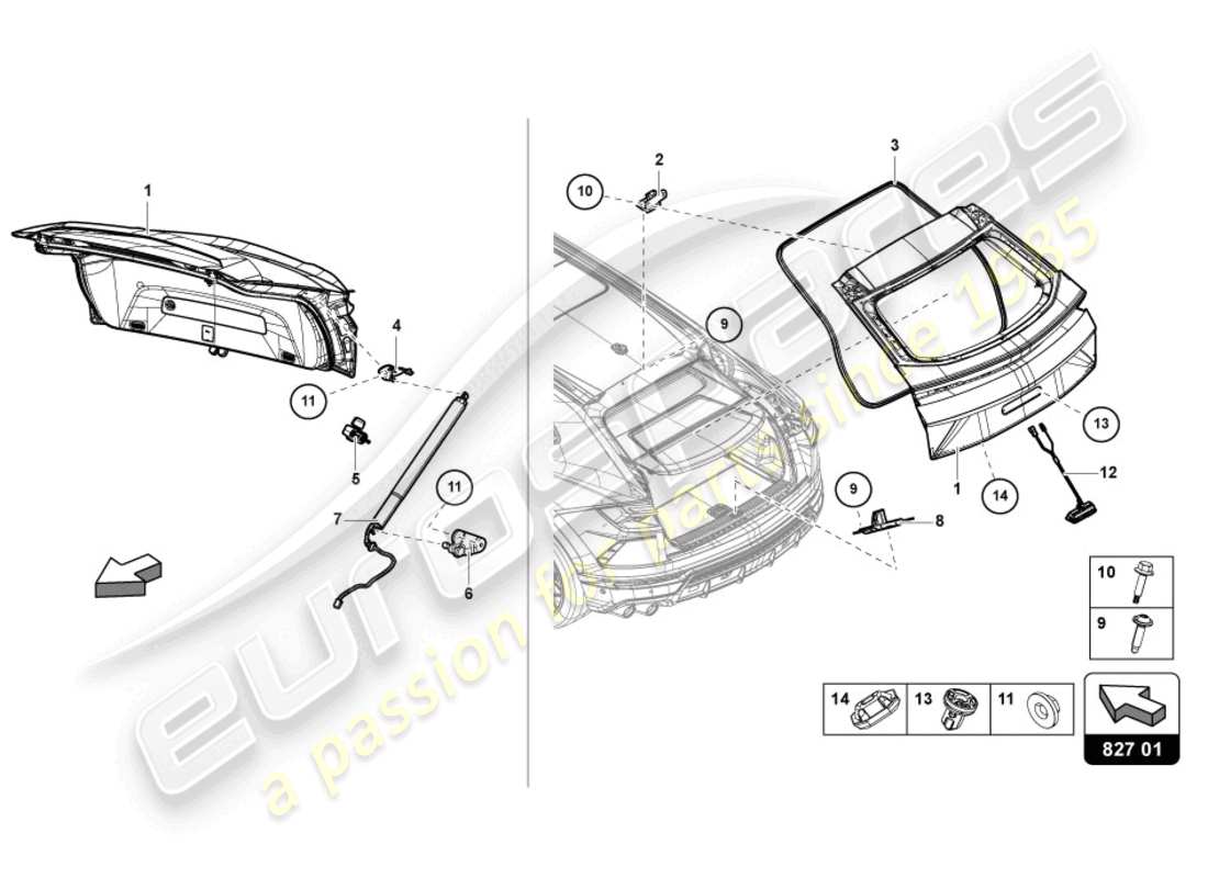 lamborghini urus (2019) coperchio posteriore posteriore diagramma delle parti