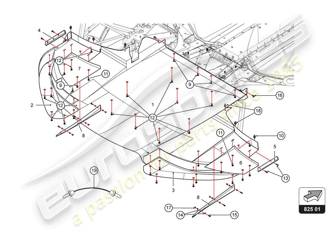 lamborghini super trofeo evo 2 (2022) diagramma delle parti dei pannelli del pavimento del telaio