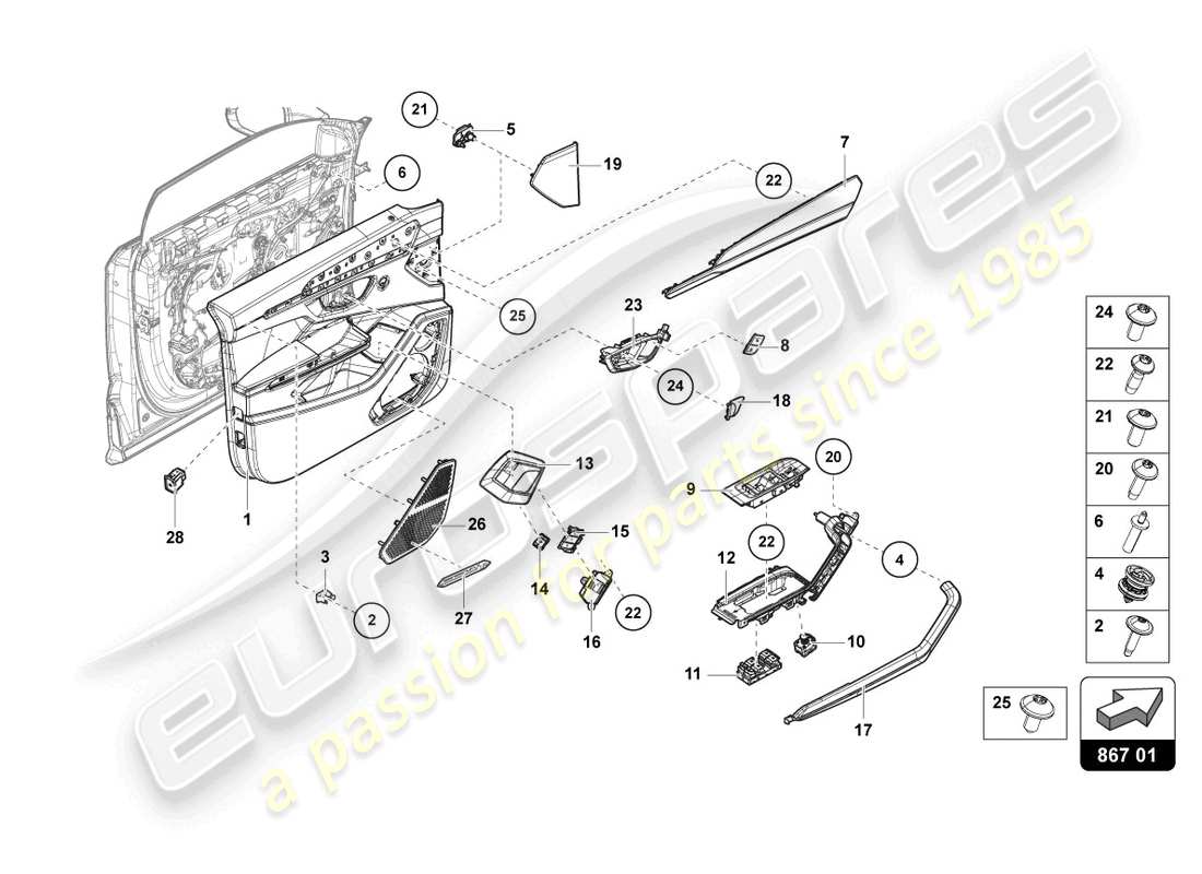 lamborghini urus (2019) pannello porta anteriore diagramma delle parti