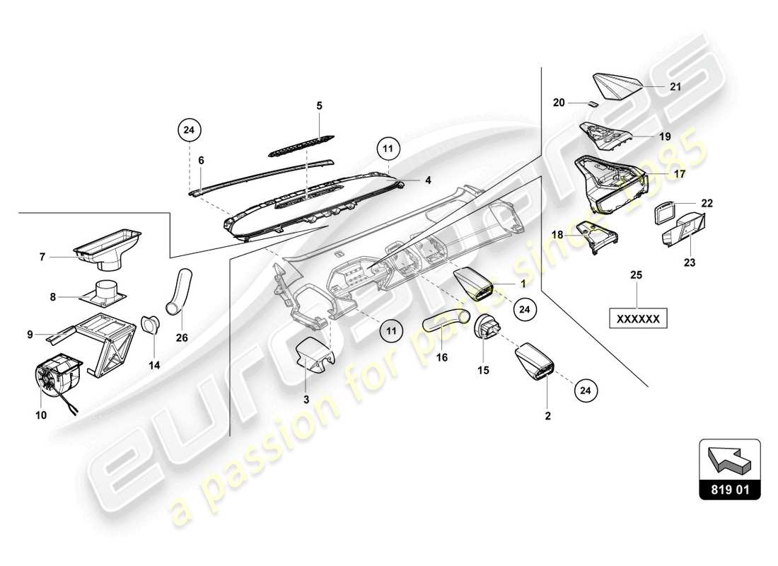 lamborghini super trofeo evo 2 (2022) diagramma delle parti del tubo dell'aria del cruscotto