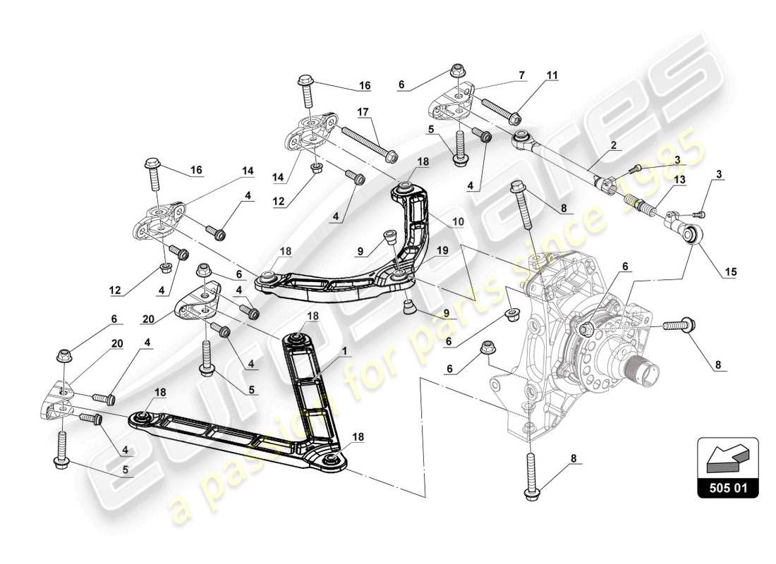 lamborghini gt3 evo (2018) bracci sospensione posteriore schema delle parti