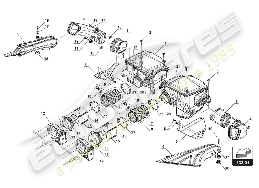 lamborghini 2018 (gt3 evo) schema delle parti del sistema di aspirazione dell'aria