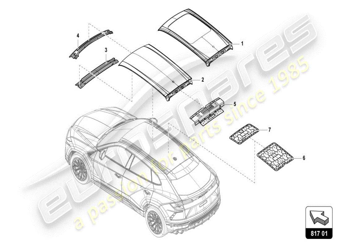 lamborghini 2025 | urus se dachrahmen-außenblech teilediagramm