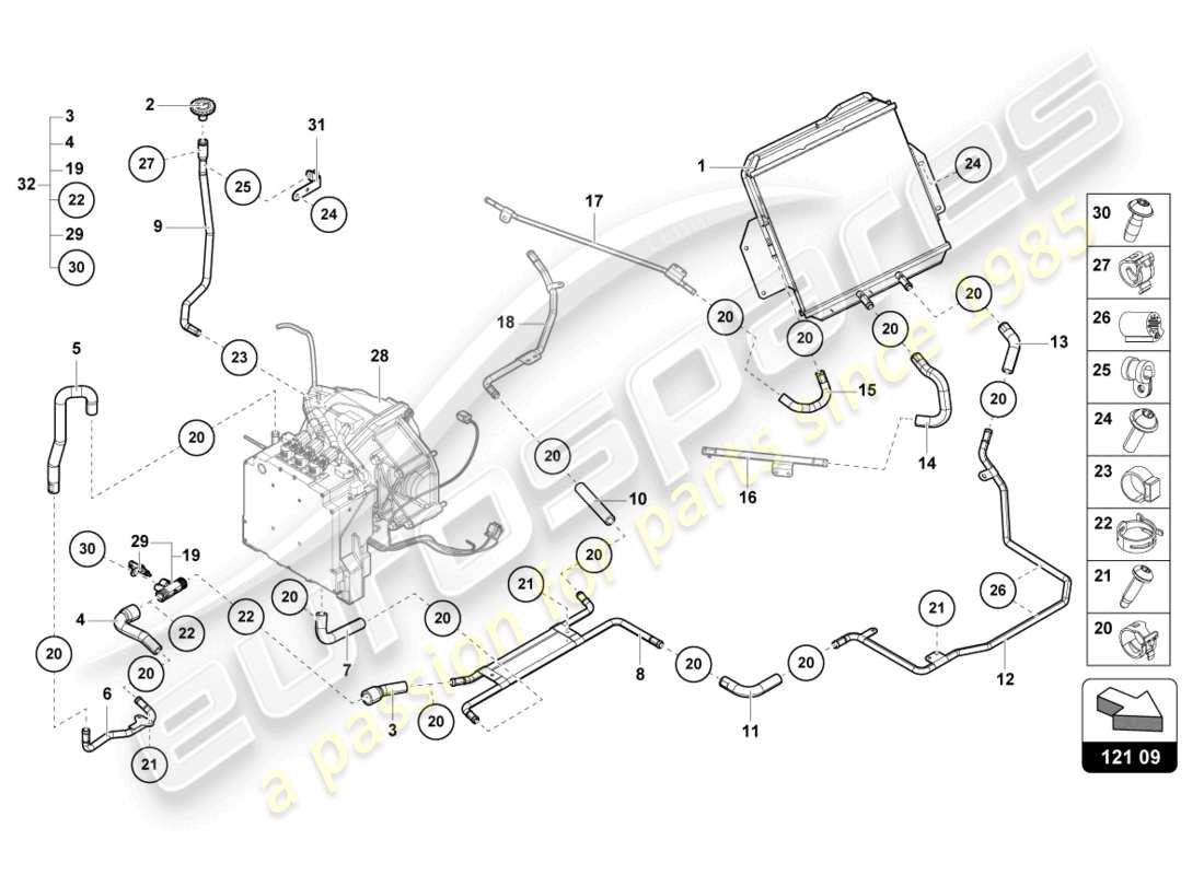 lamborghini sian roadster (2021) sistema di raffreddamento diagramma delle parti