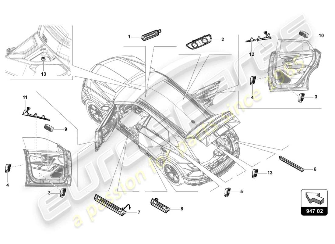 lamborghini urus performante (2023) parti singole per luce interna e da lettura schema delle parti