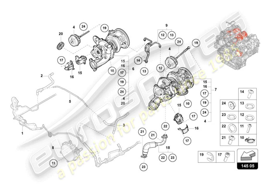lamborghini urus (2019) turbocompressore gas di scarico diagramma delle parti