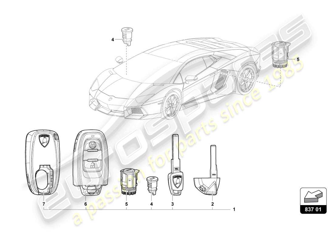 lamborghini lp770-4 svj coupe (2022) cilindro serratura con chiavi schema delle parti