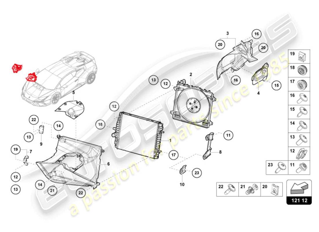 lamborghini tecnica (2023) raffreddatore per liquido di raffreddamento diagramma delle parti