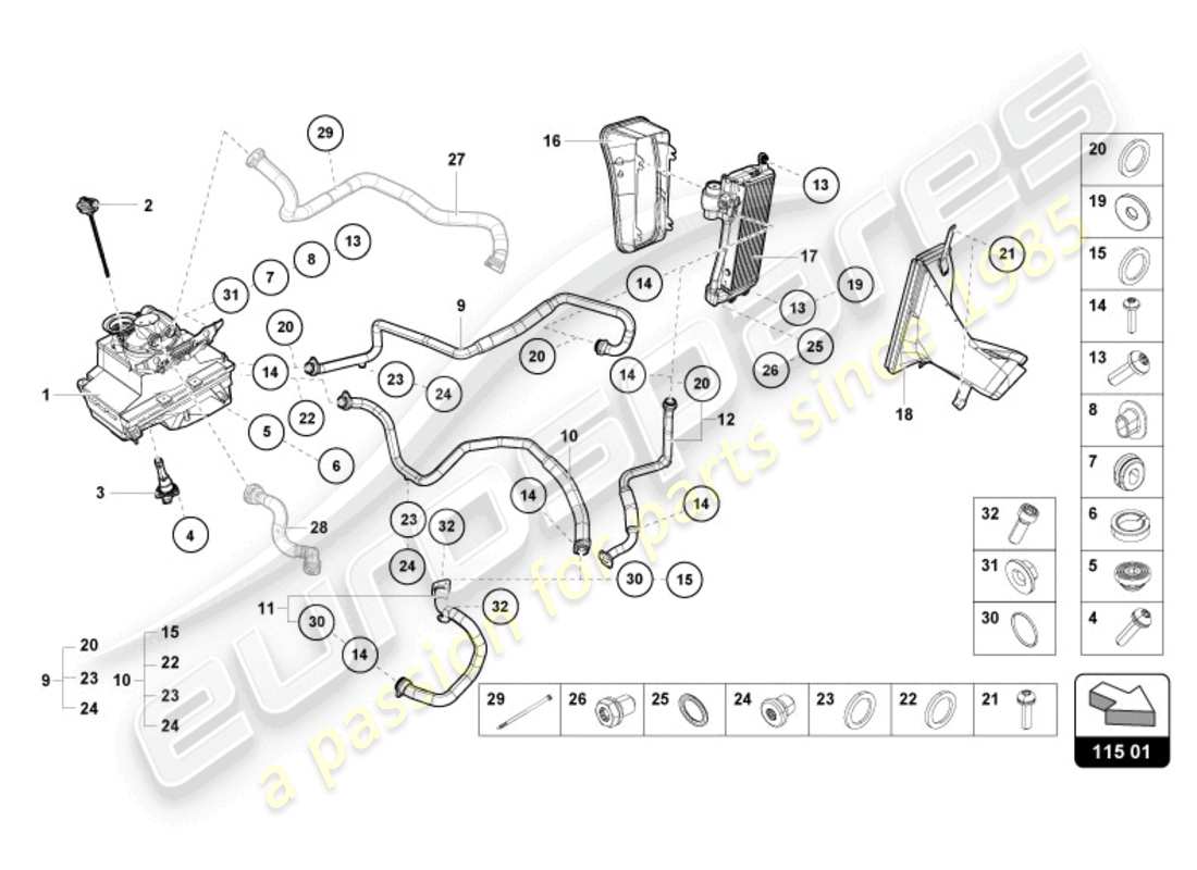 lamborghini 2024 (evo spyder) impianto idraulico e contenitore fluidi con connect. pezzi schema delle parti