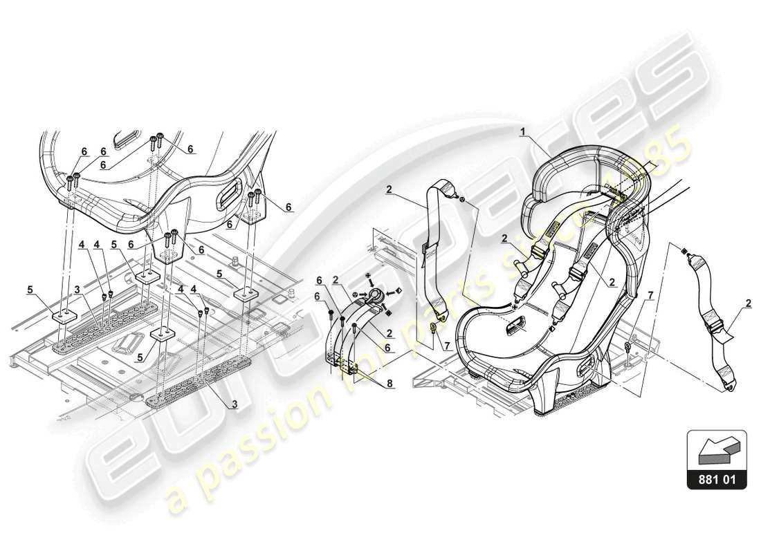 lamborghini gt3 (2017) schema delle parti sedile e cintura di sicurezza