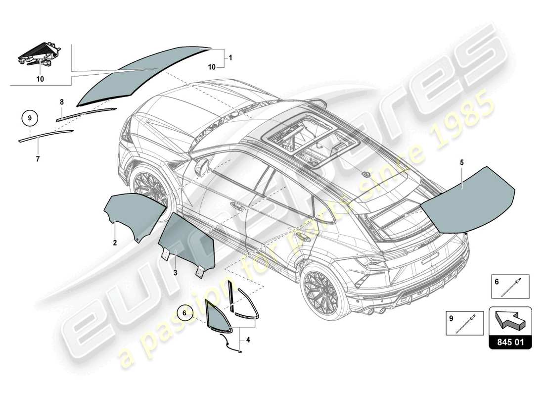 lamborghini urus (2019) vetri da finestra diagramma delle parti