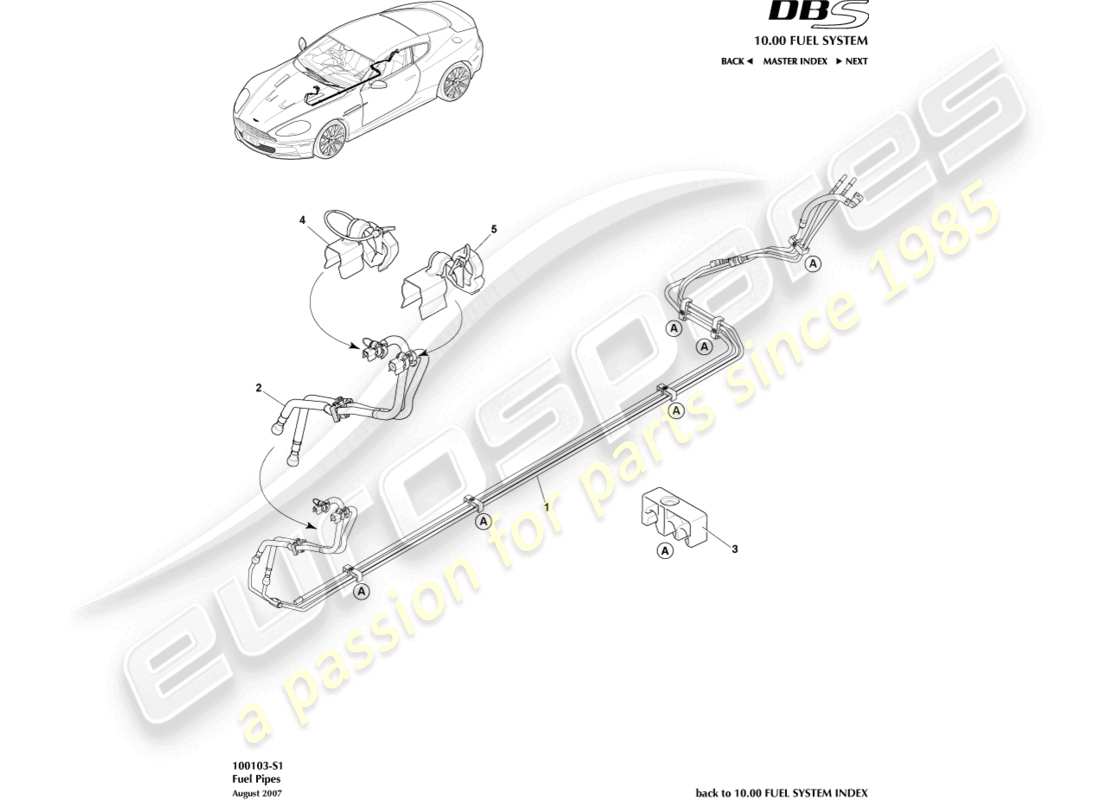 aston martin dbs (2009) tubi del carburante diagramma delle parti