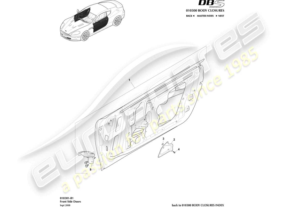aston martin dbs (2009) schema delle parti delle porte laterali anteriori