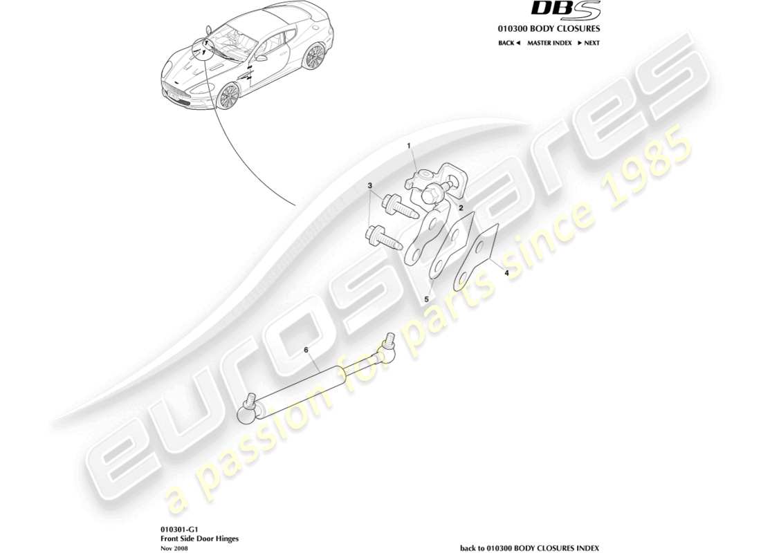 aston martin dbs (2010) cardini della porta diagramma delle parti