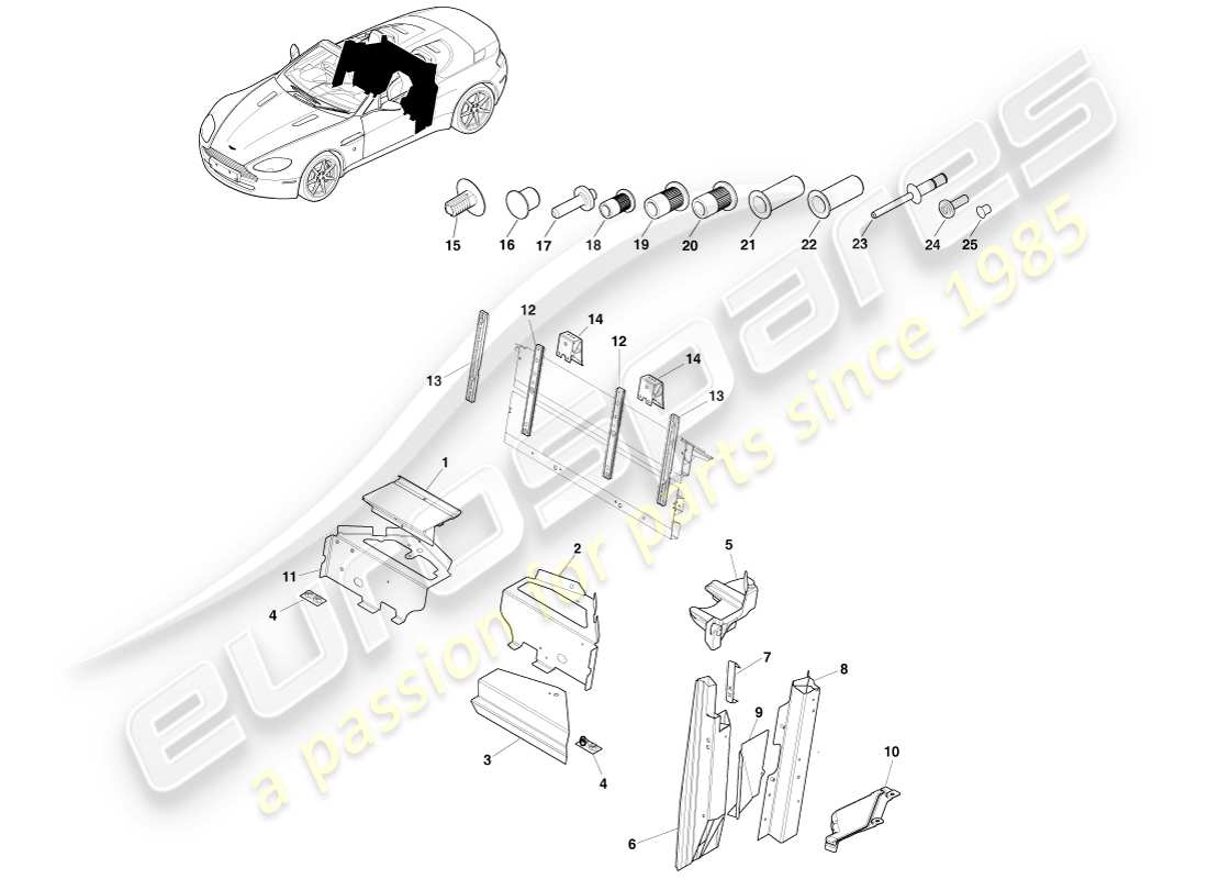 aston martin v8 vantage (2005) sottoscocca posteriore, schema delle parti della roadster