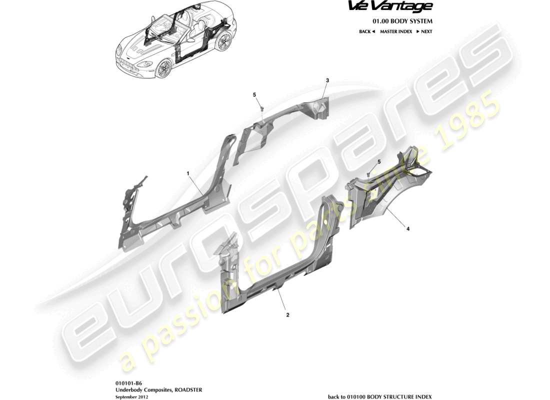 aston martin v12 vantage (2013) compositi del sottoscocca, diagramma delle parti della roadster