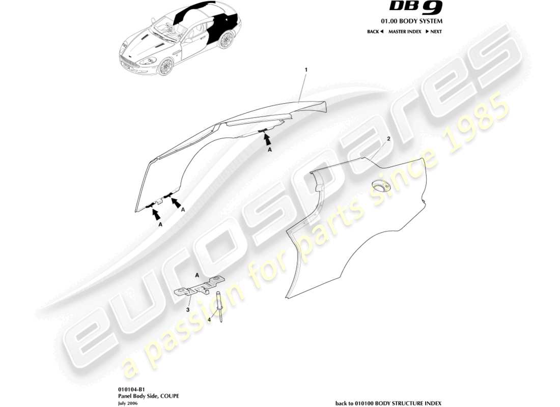 aston martin db9 (2004) pannello laterale della carrozzeria, coupé diagramma delle parti