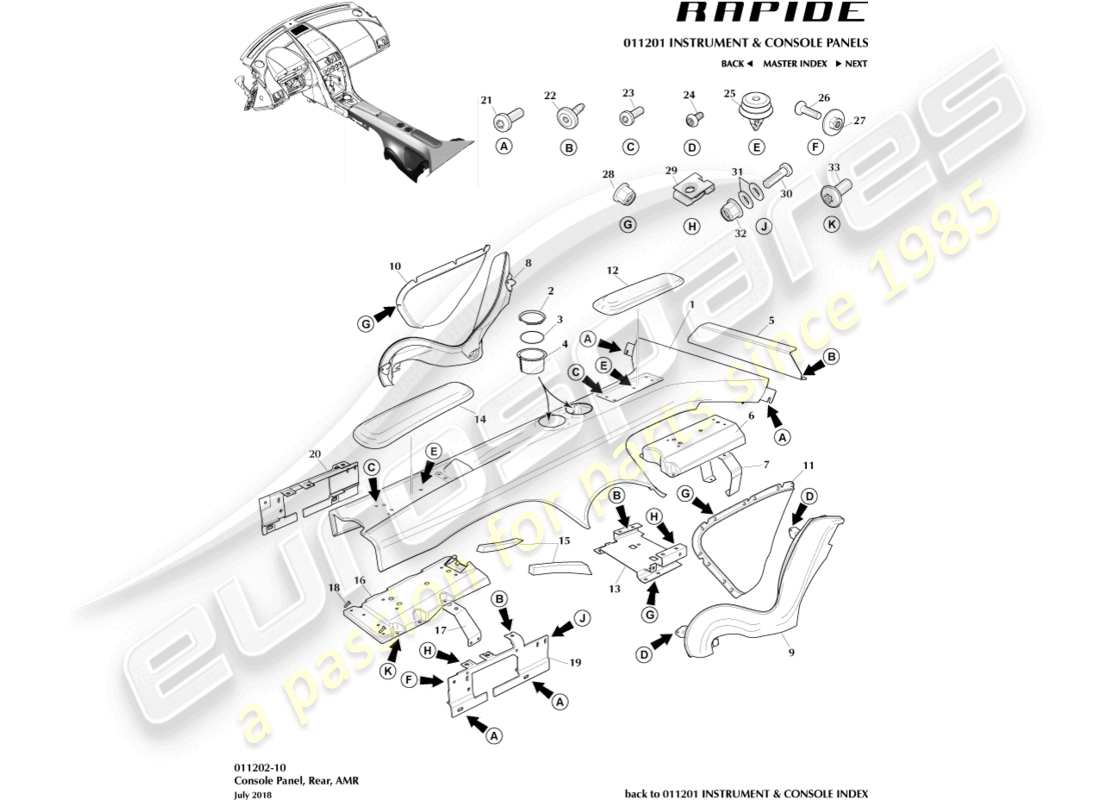aston martin rapide (2014) rückkonsole, amr teilediagramm