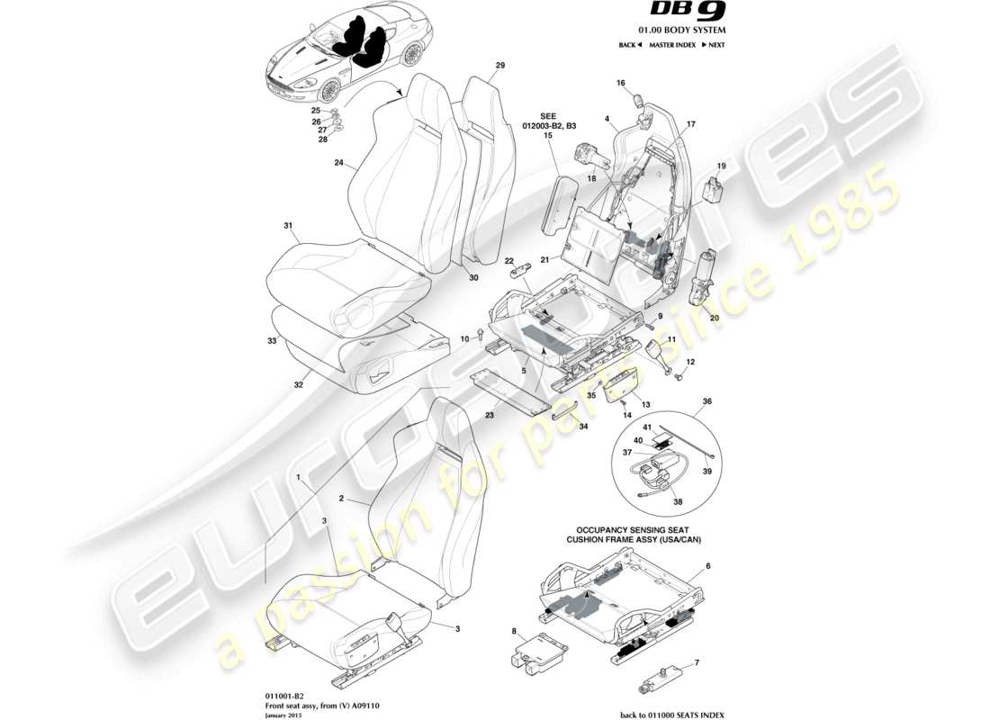 aston martin db9 (2008) sedile anteriore dal diagramma delle parti (v) a09110