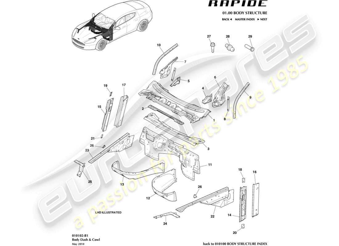 aston martin rapide (2010) armaturenbrett und verkleidung teilediagramm