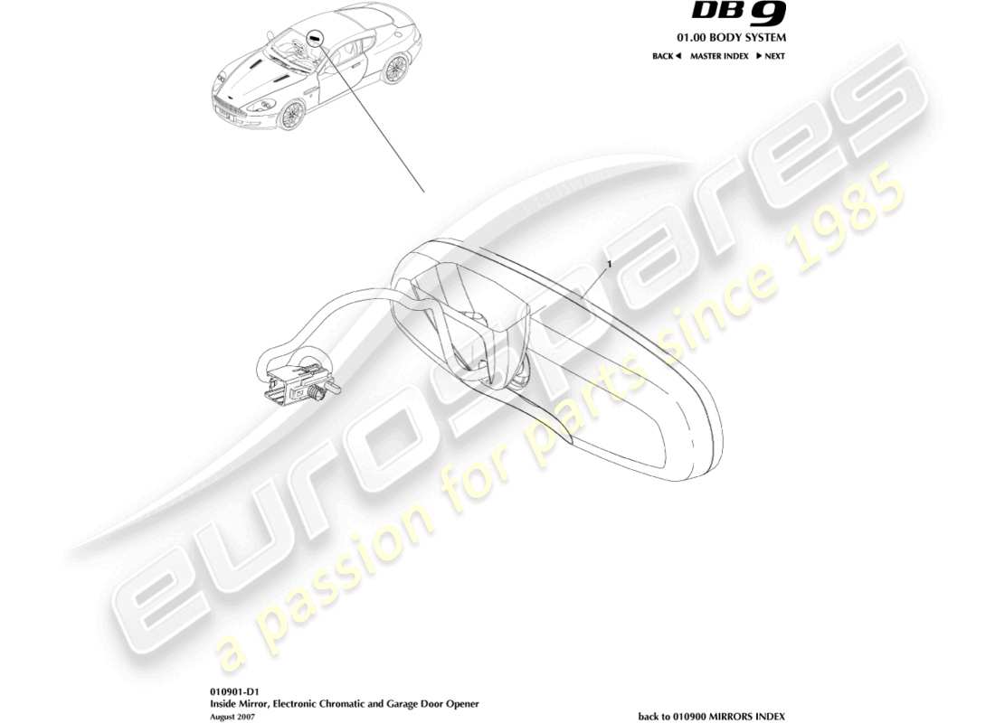 aston martin db9 (2011) innenspiegel, chromatisch, gdo teilediagramm