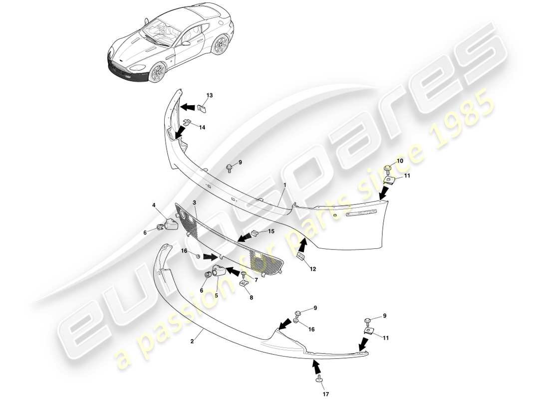 aston martin v8 vantage (2007) paraurti anteriore, 12.25my acceso e v8s diagramma delle parti