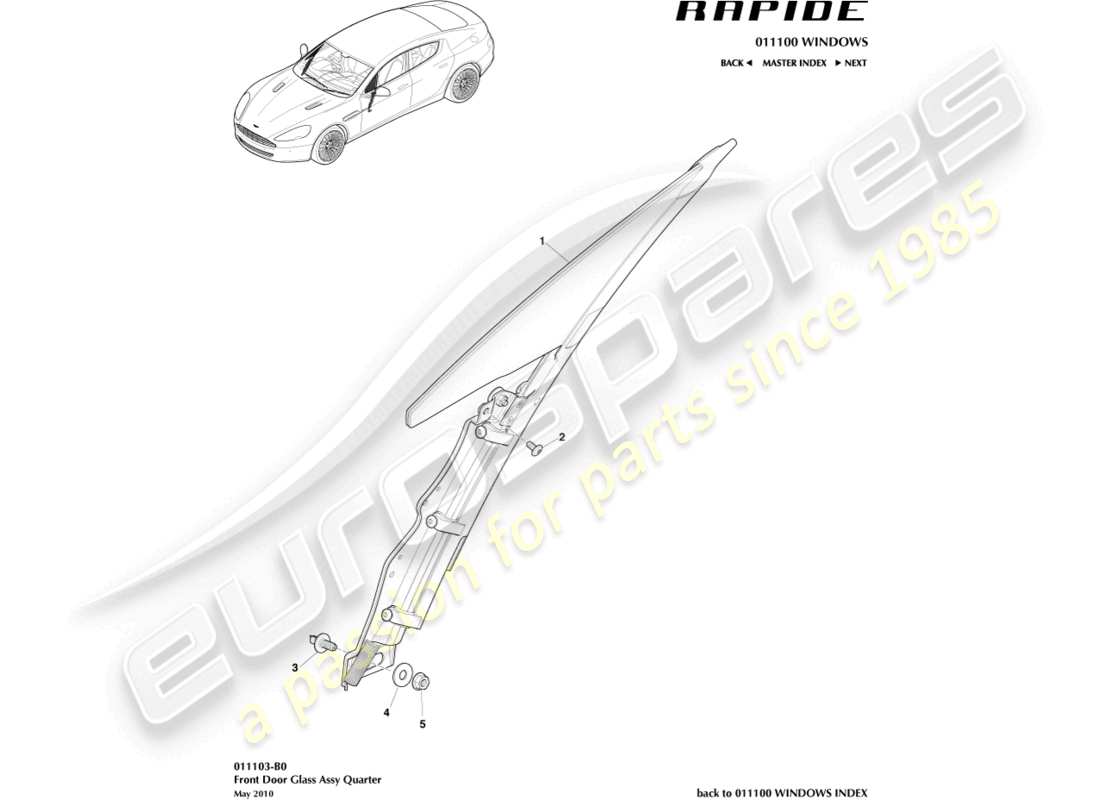aston martin rapide (2010) vetro della porta anteriore diagramma delle parti