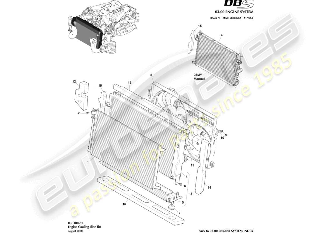aston martin dbs (2008) raffreddamento del motore (line fit) diagramma delle parti