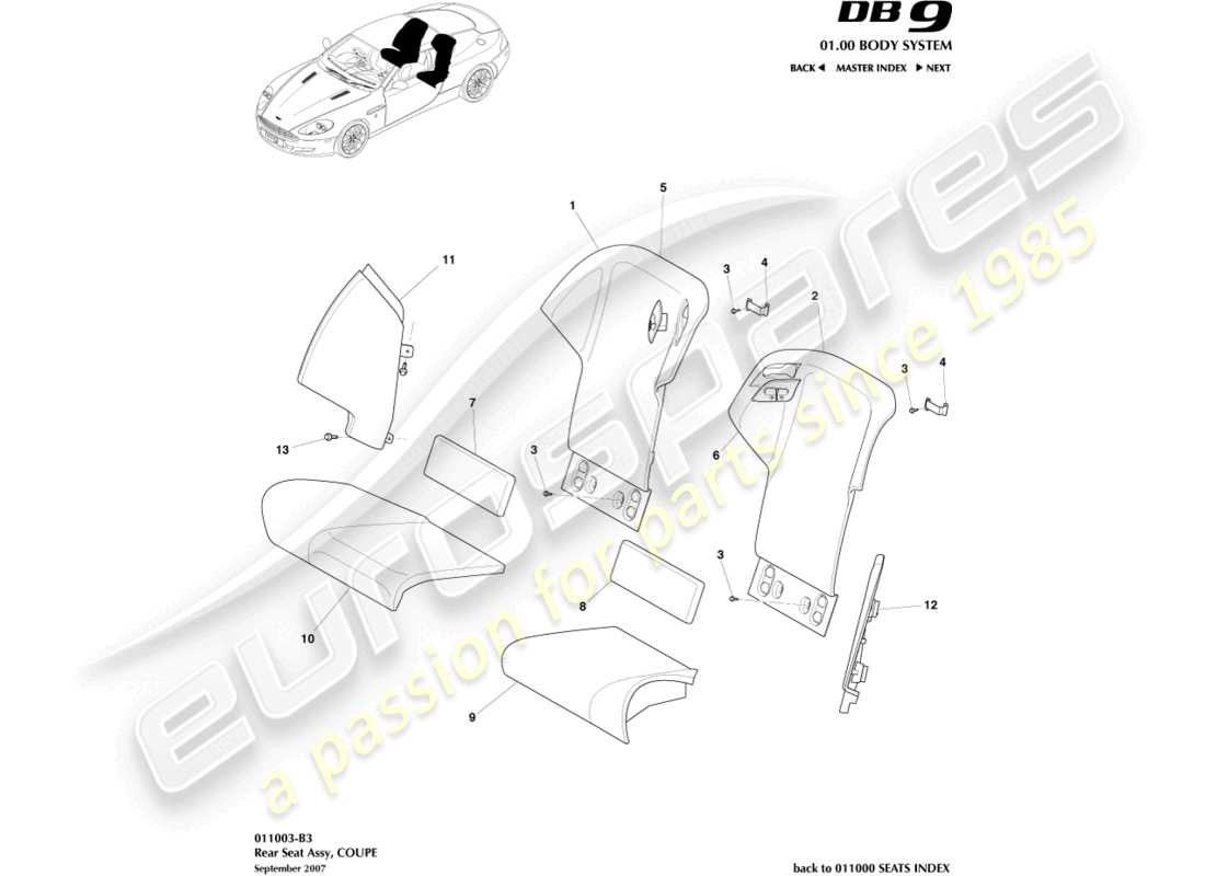 aston martin db9 (2005) sedile posteriore, schema delle parti coupé