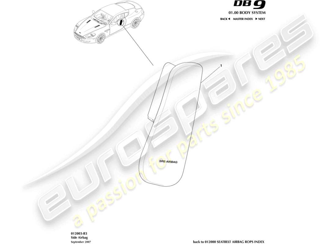 aston martin db9 (2012) airbag laterale diagramma delle parti