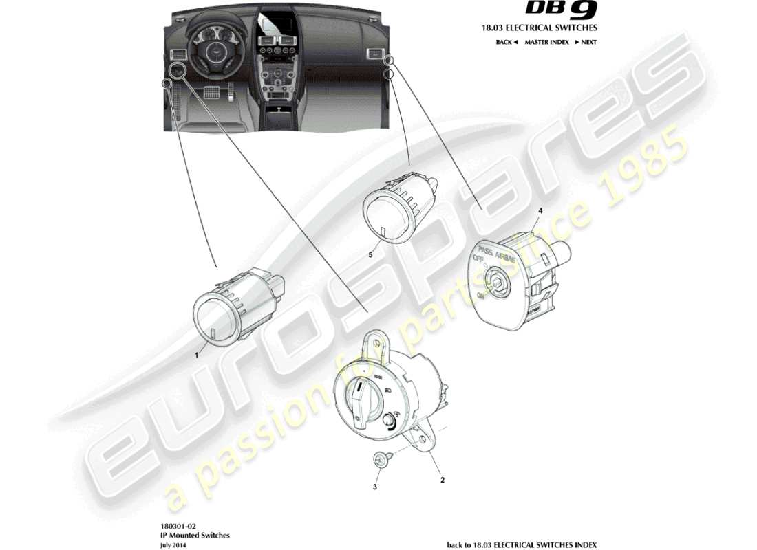 aston martin db9 (2015) switch ip diagramma delle parti