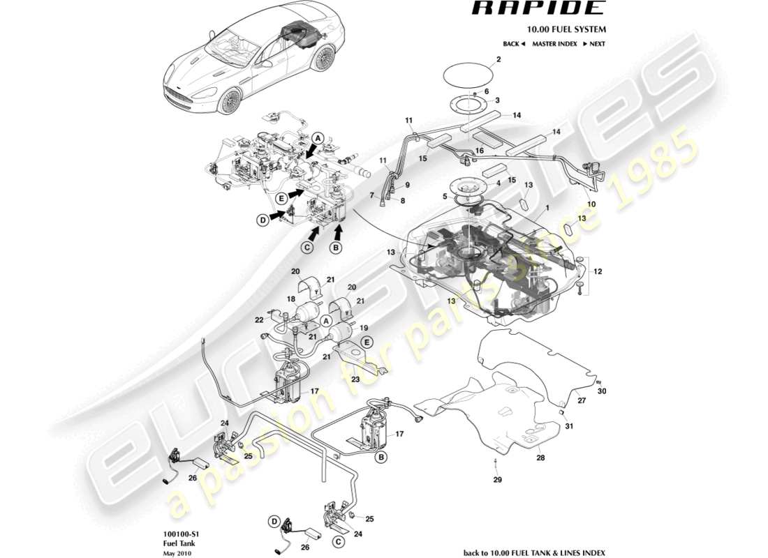 aston martin rapide (2017) complessivo serbatoio carburante diagramma delle parti