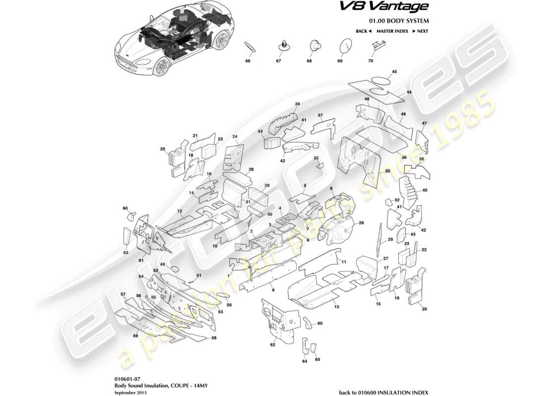 aston martin v8 vantage (2018) isolamento carrozzeria, coupé, diagramma delle parti 14my